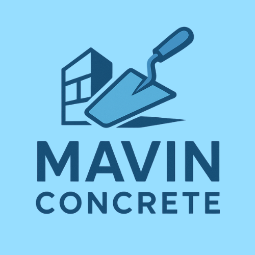 Mavin Concrete logo with trowel and building icons in blue